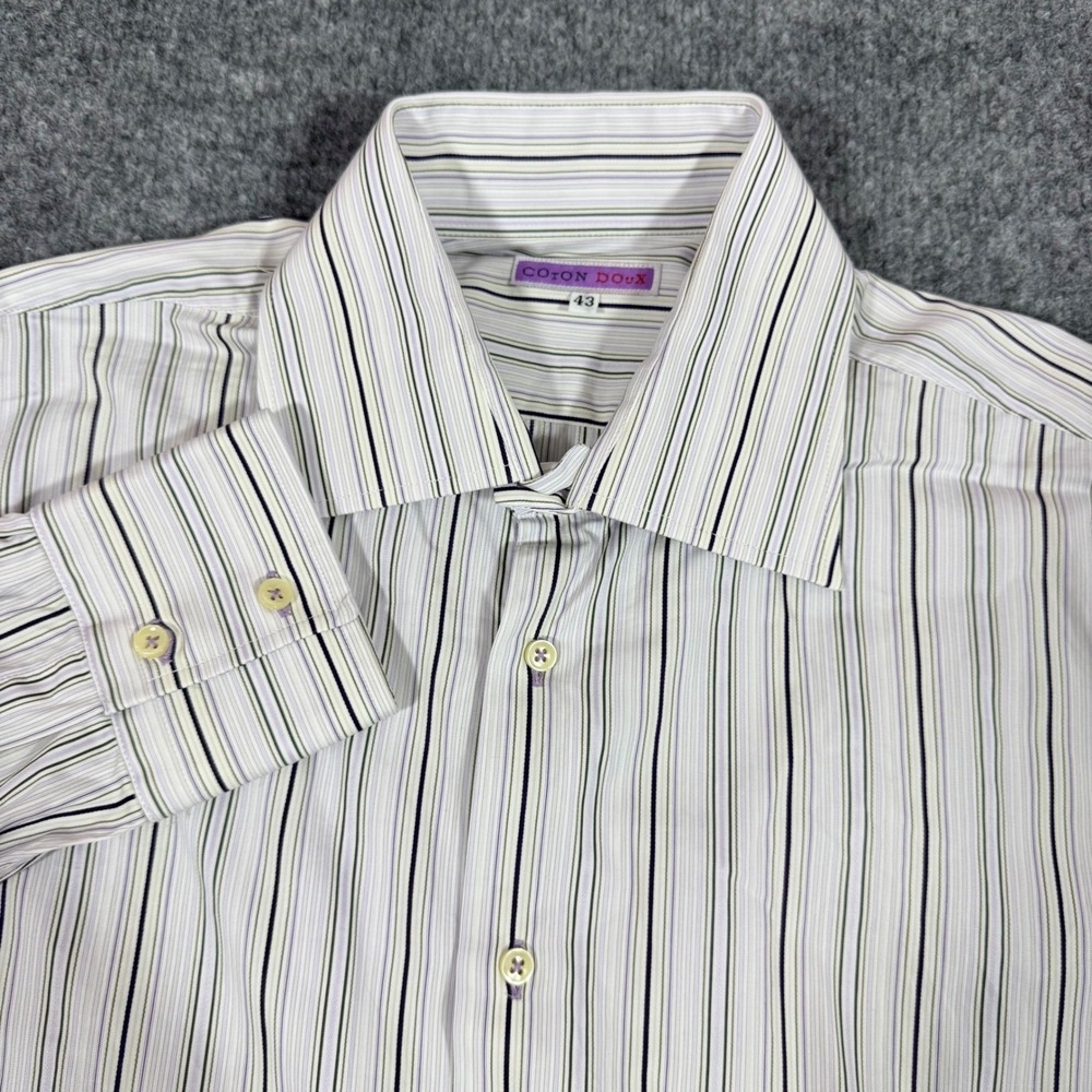 Coton Doux Striped Dress Shirt French Style Mens 43 XL White Purple Cotton EUC